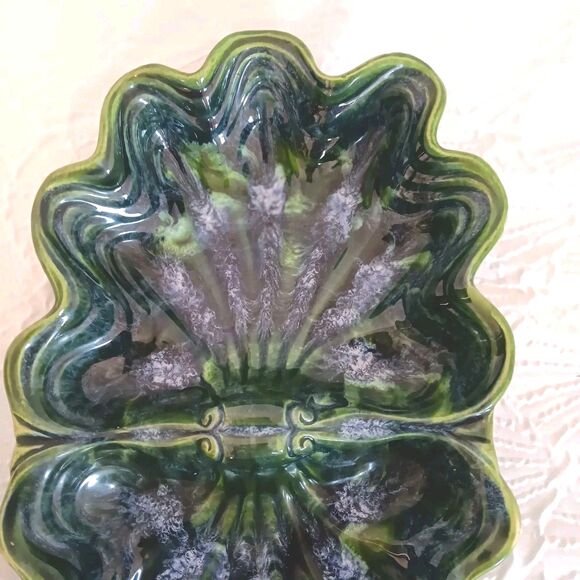 Vtg Mid-century Modern Cali Pottery Divided Leaf Dish Green Drip Glaze USA - Picture 10 of 13